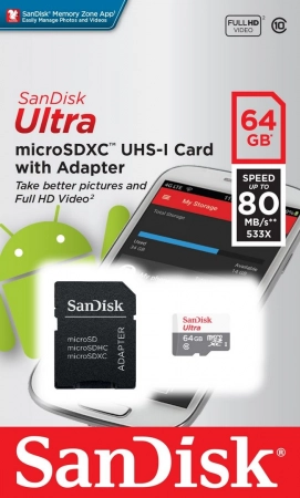 Карта памяти microSDXC 64Gb SanDisk, Ultra Android, Class10, UHS-I 80Mb/s, с адаптером