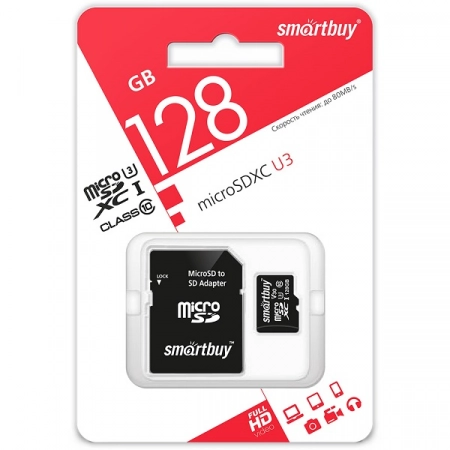 Карта памяти micro SDXC 128GB Smartbuy U3 V30 Сlass10 с адаптером