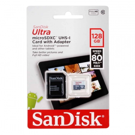 Карта памяти microSDHC 128Gb SanDisk, Ultra Android, Class10, UHS-I 80Mb/s, с адаптером