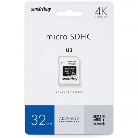 Карта памяти micro SDHC 32GB Smartbuy U3 V30 A1 Advanced R/W 90/55 Мб/сек. с адаптером