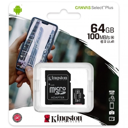 Карта памяти micro SDXC 64GB Kingston Canvas Select Plus Class10 UHS-1 A1 с адаптером