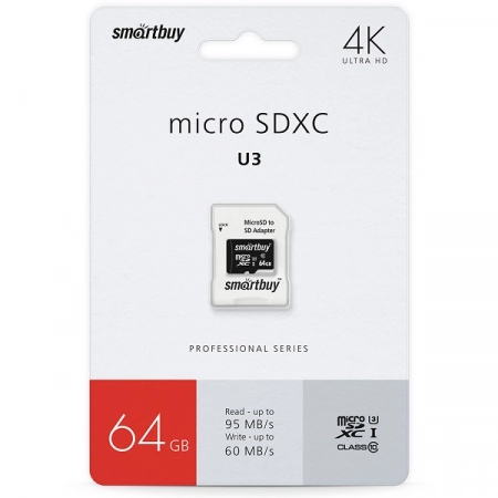 Карта памяти micro SDXC 64GB Smartbuy PRO U3 Class10 R/W 95/60 Мб/сек. с адаптером