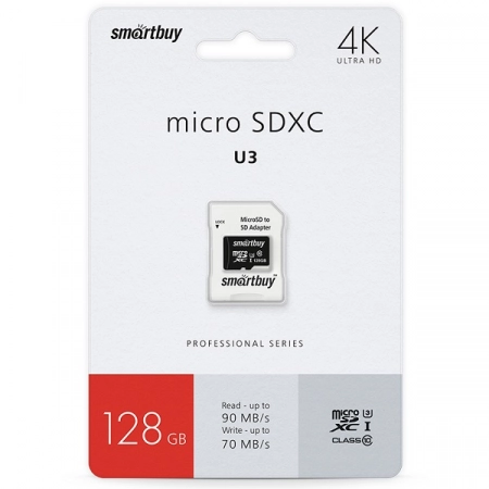 Карта памяти micro SDXC 128GB Smartbuy PRO U3 Class10 R/W 90/70 Мб/сек. с адаптером