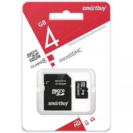 Карта памяти Micro SDHC 4Gb Smartbuy Class4 с адаптером