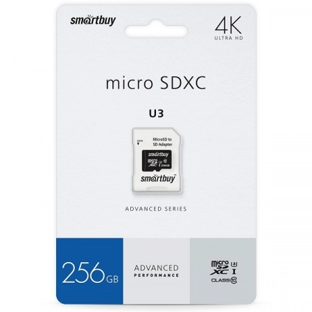 Карта памяти Micro SDXC 256GB Smartbuy U3 V30 A1 Advanced R/W 90/55 Мб/сек. с адаптером